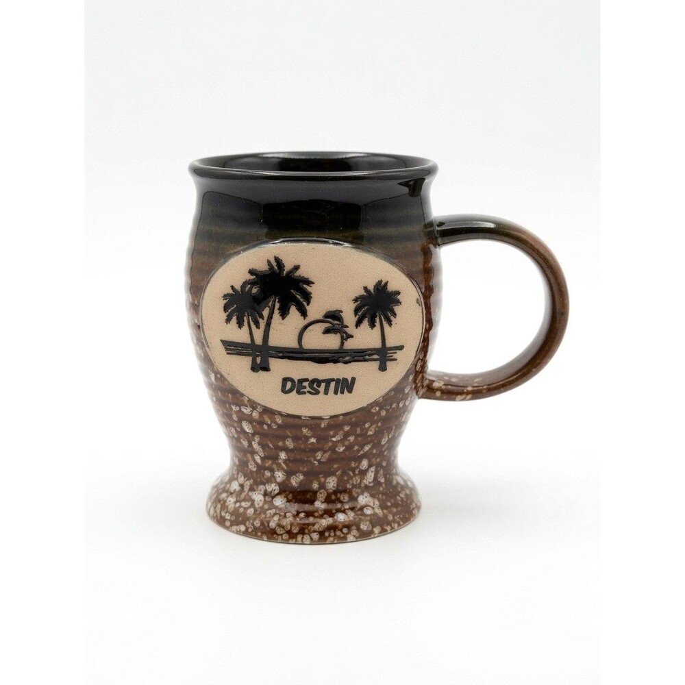 Destin Florida Glazed Mug Brown Splatter Raised Letters Footed Coffee Hometown